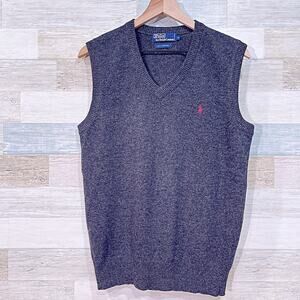 POLO Ralph Lauren 100% Lambswool Sweater Vest Gray V Neck Mens Medium